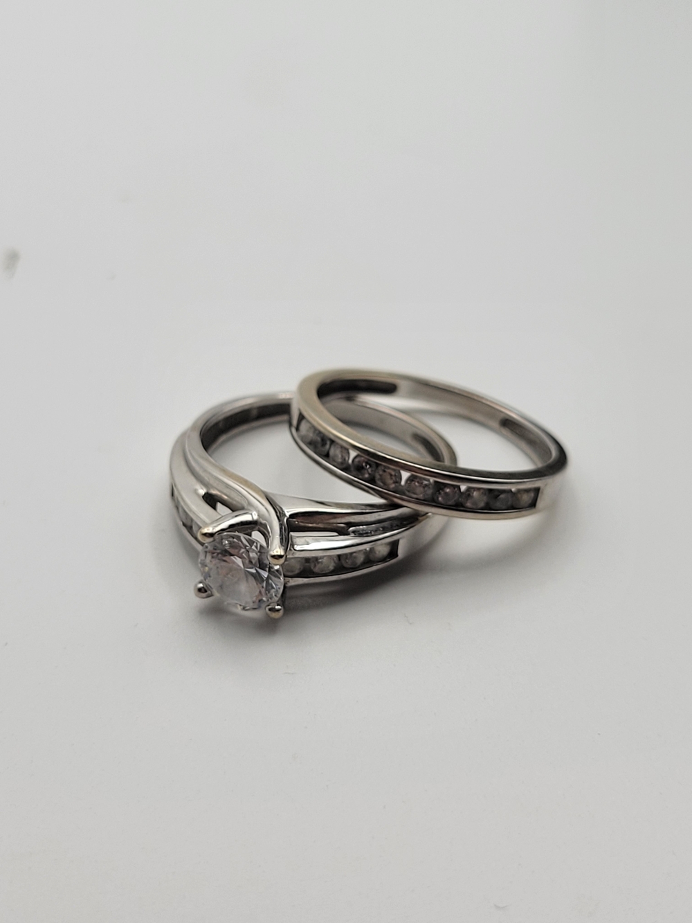 Vintage 14k Plumb DQ CZ White Gold Wedding Set Size 7.75 - Picture 9 of 11